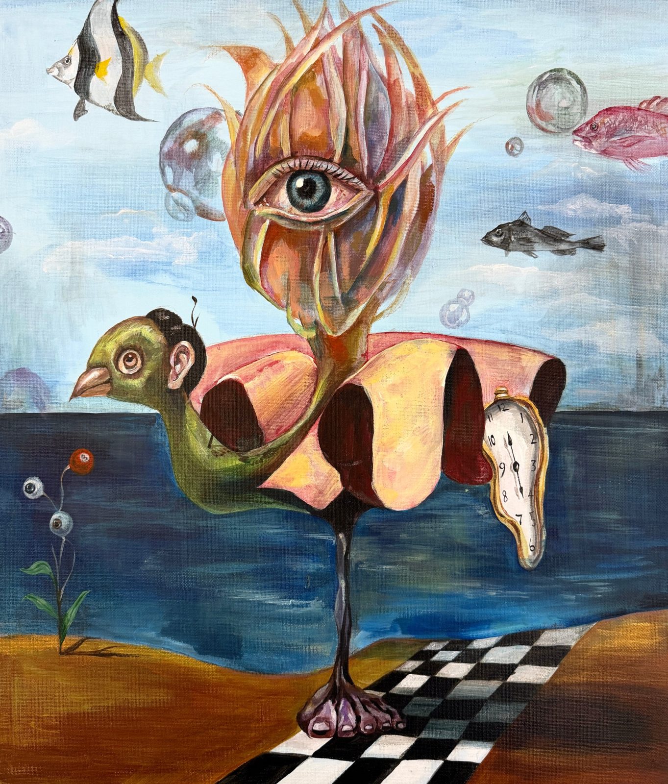 Surreal painting of a bird-headed creature and an eye-filled flower bud on a single leg, with floating fish, bubbles and a melting clock by the sea