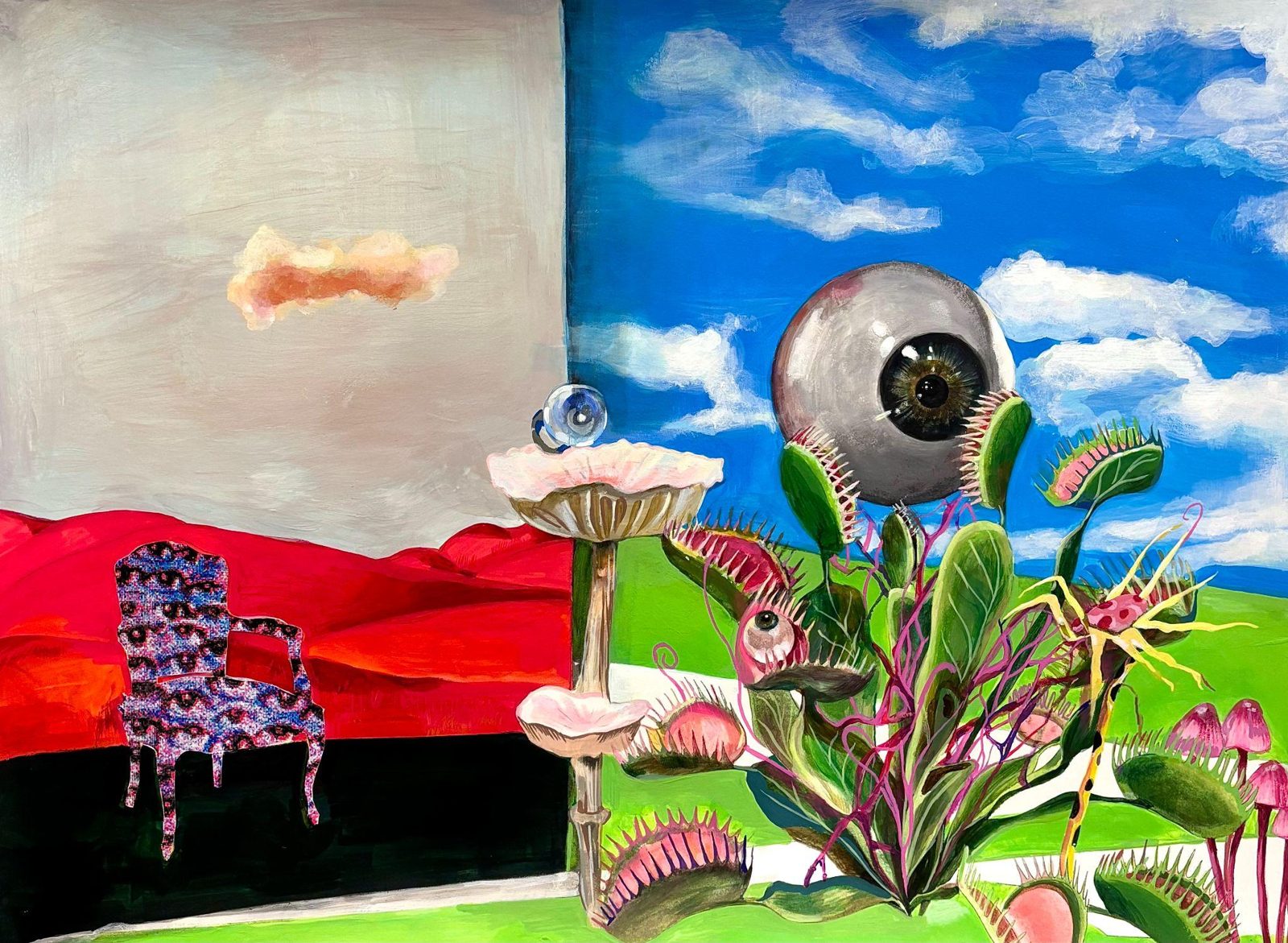 Surreal scene with a giant eyeball, Venus flytraps, a patterned chair and a red landscape under a blue sky