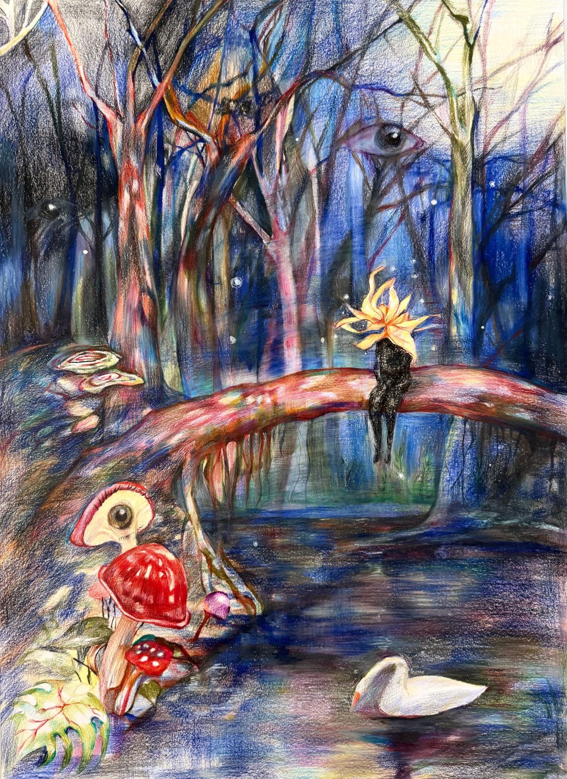 Colored-pencil night forest with a dark figure with a flower head sitting on a fallen log, an eyed mushroom and a white swan
