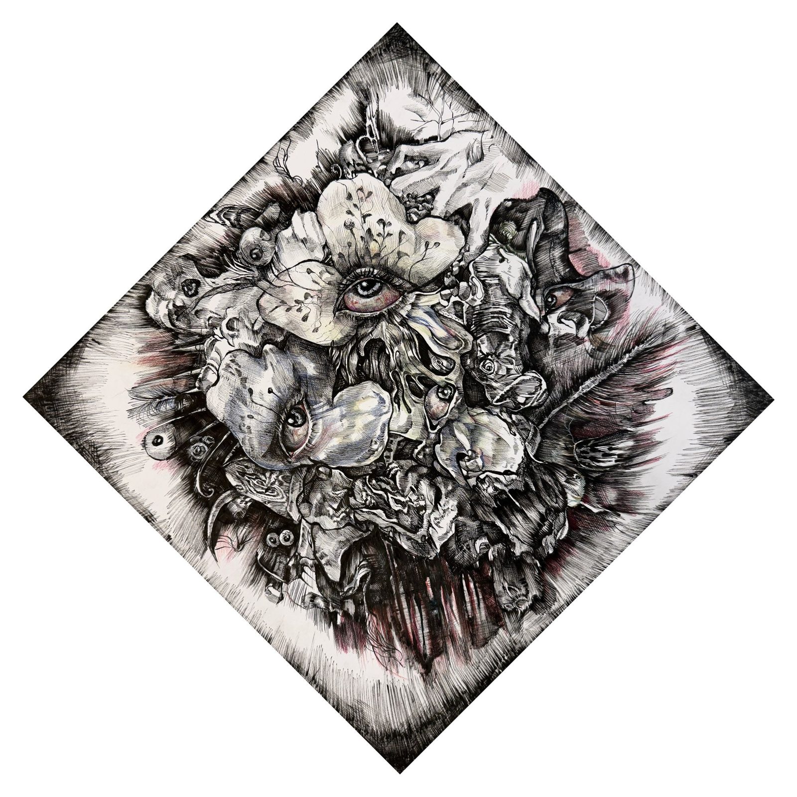 Dense pen-and-ink drawing in a diamond shape of petals, eyes and folded forms