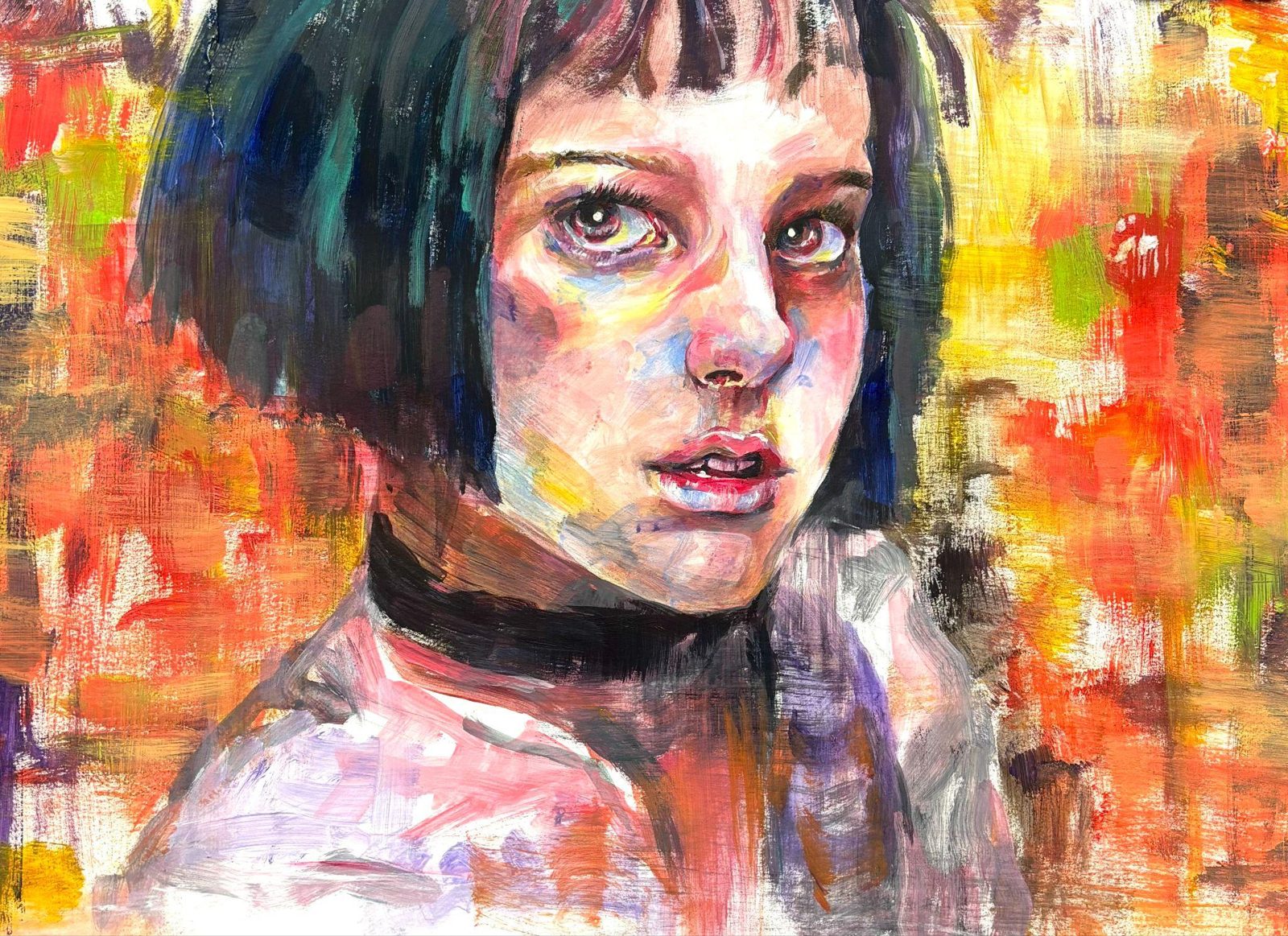 Painted portrait of a girl with a dark bob and choker against a heavy, colorful abstract background