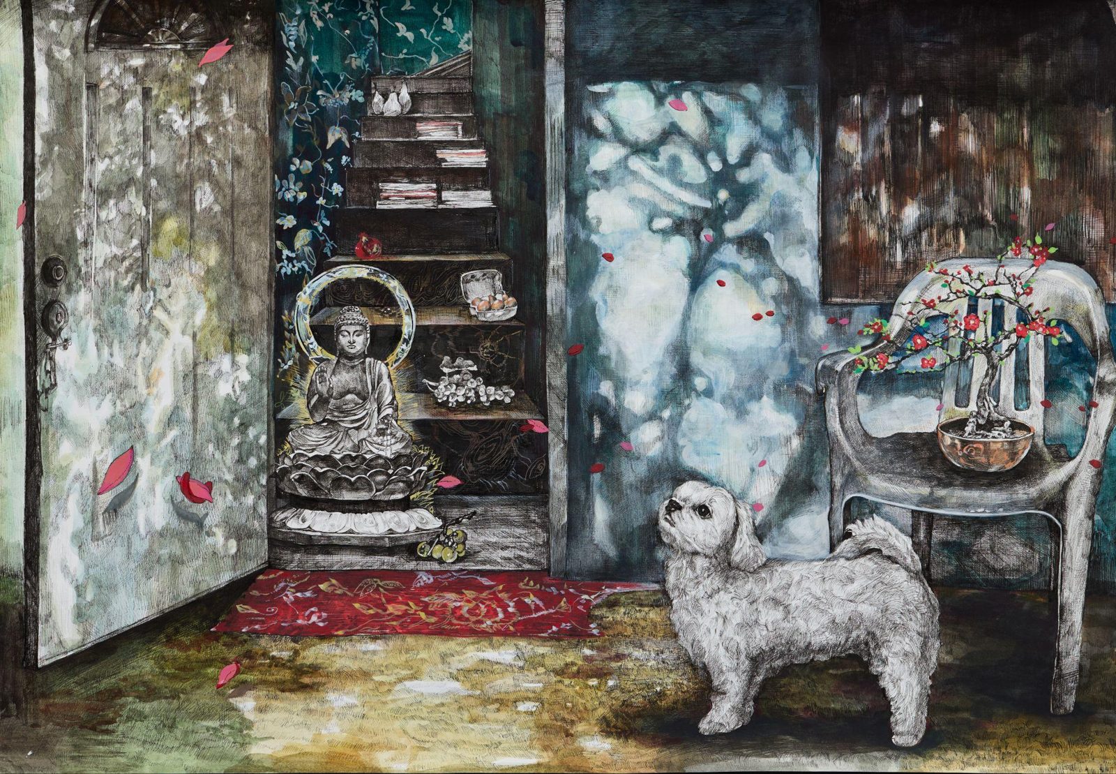 An imagined interior with a seated Buddha, a staircase, a white chair and a small white dog