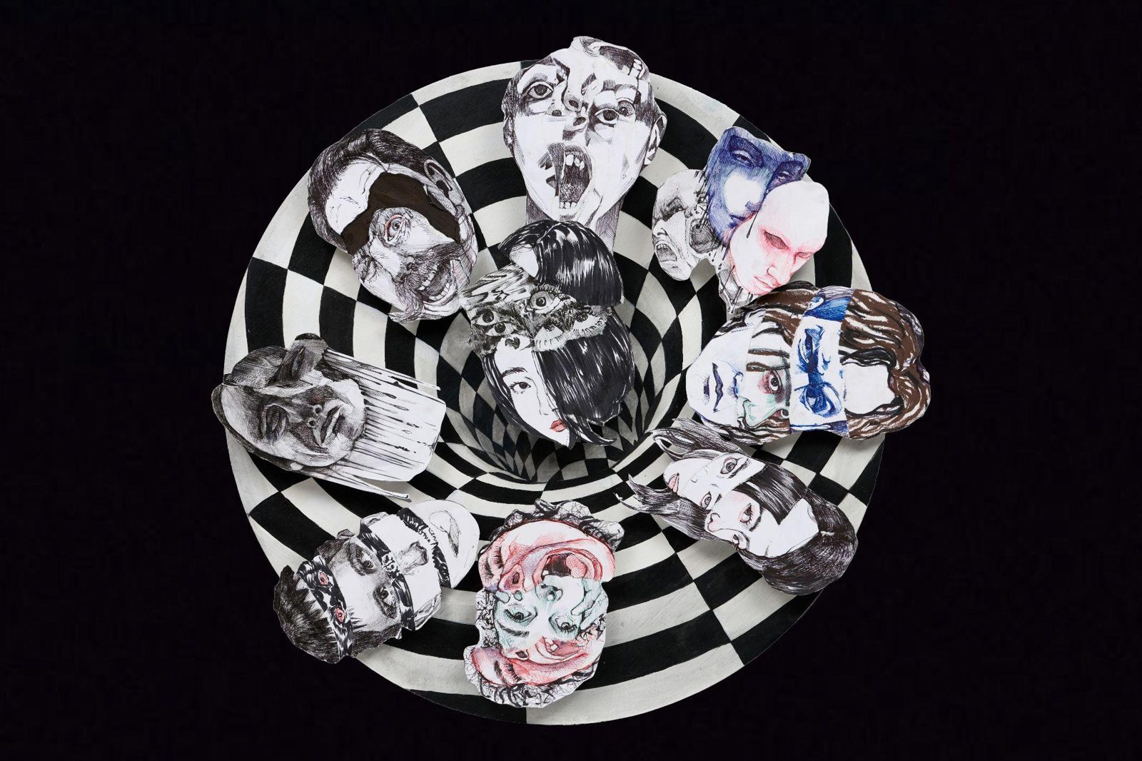 Hand-drawn faces arranged around a black-and-white checkered spiral