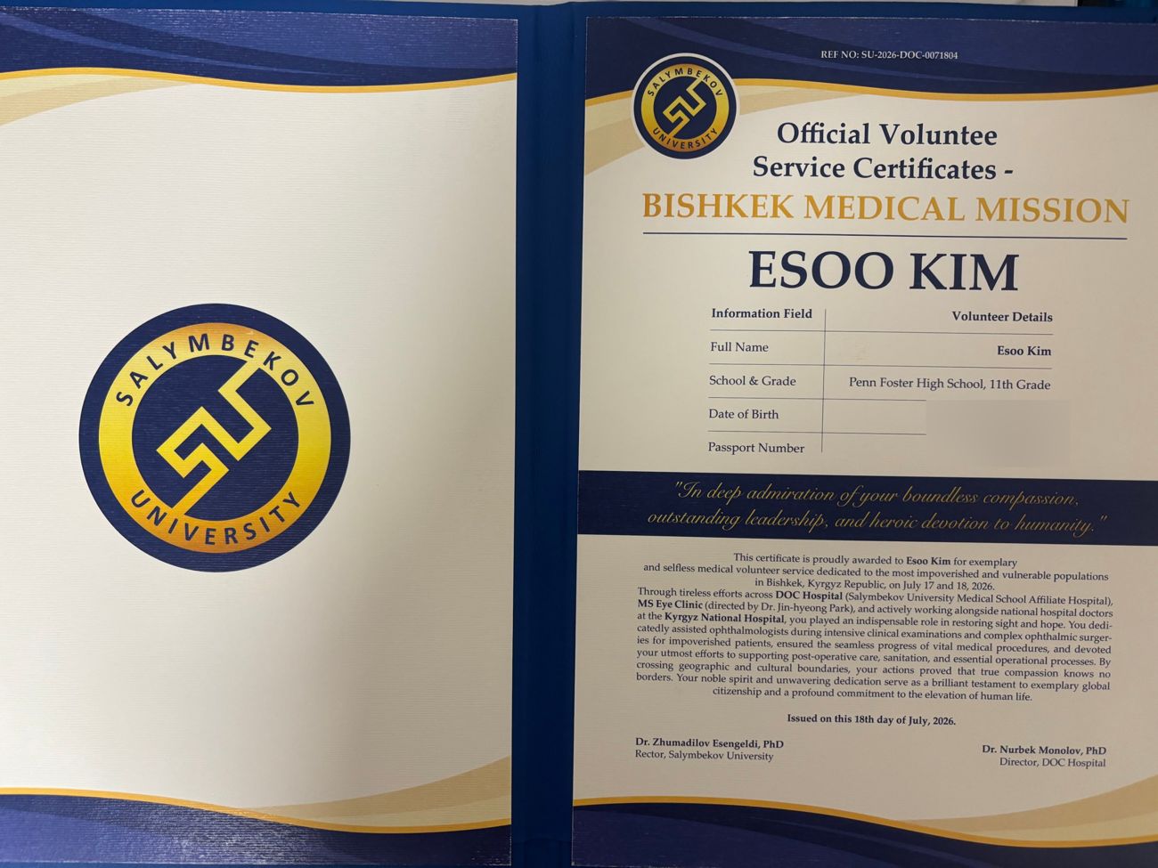Salymbekov University volunteer service certificate, Bishkek Medical Mission