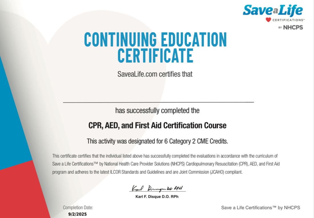 Continuing education certificate, CPR, AED and First Aid