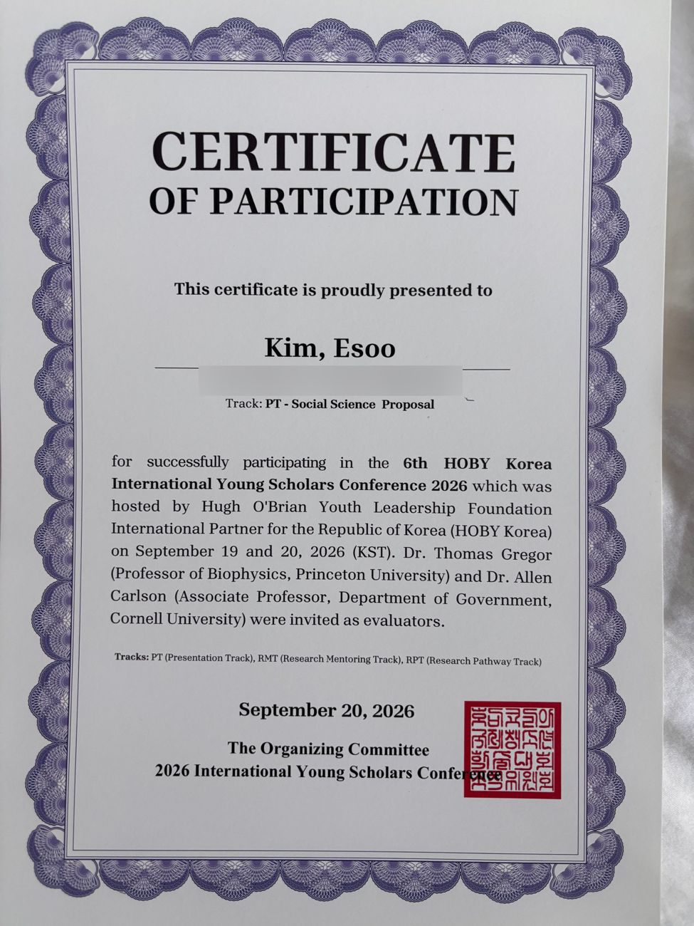 HOBY Korea Certificate of Participation