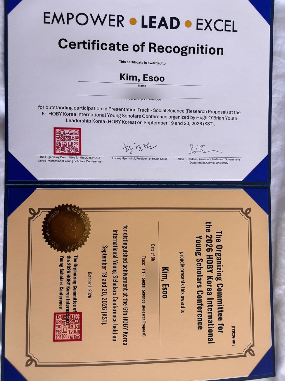HOBY Korea Certificate of Recognition and Organizing Committee Award
