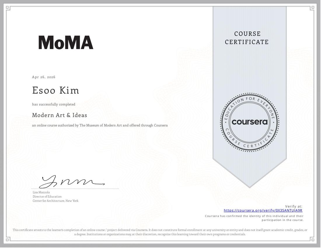 Coursera course certificate, Modern Art and Ideas, The Museum of Modern Art