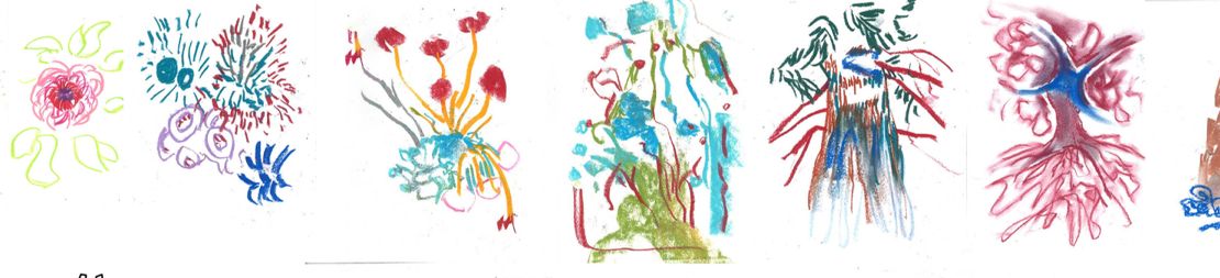 Row of vivid colored-pencil plant and flower studies