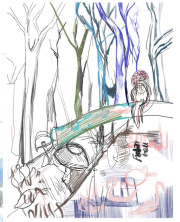 Colored-pencil sketch of tall trees with a figure seated on a branch