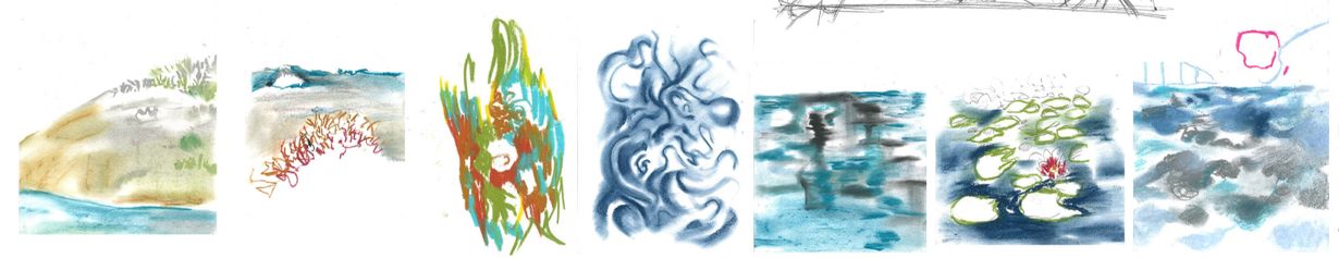 Row of pastel studies of water, lily pads and shoreline