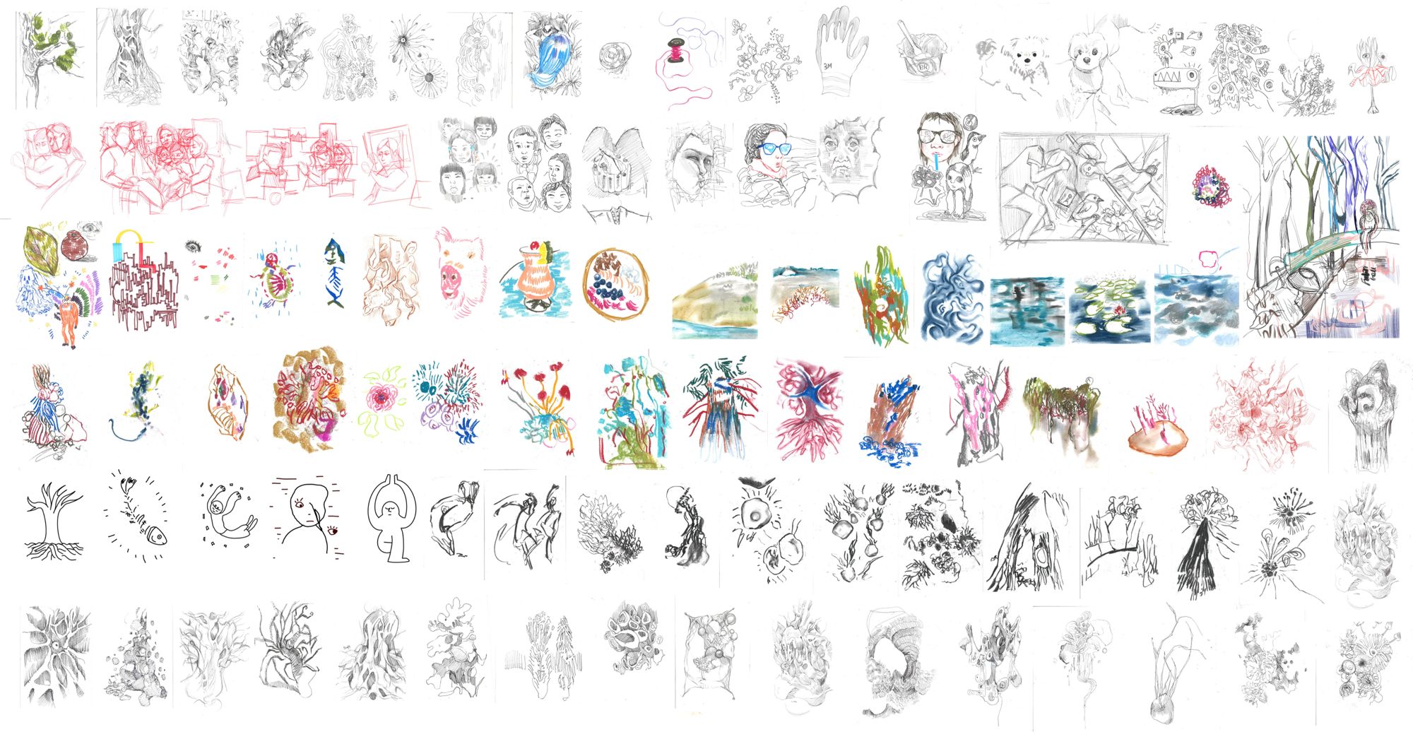 Grid of about one hundred small drawings: trees, portraits, flowers, landscapes and ink figures